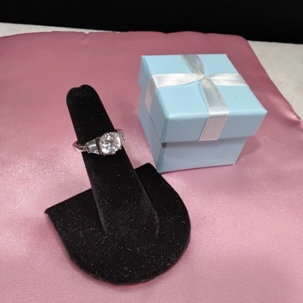 Silver Tone Round Cut Faux Diamond Ring with Baguette Accents Size 5.25